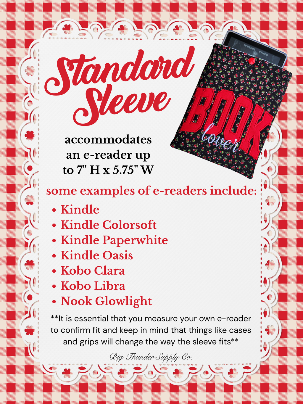 Checkered Emotional Support Kindle Sleeve with Snap *also in Kobo & Nook!* - E-Reader Cover