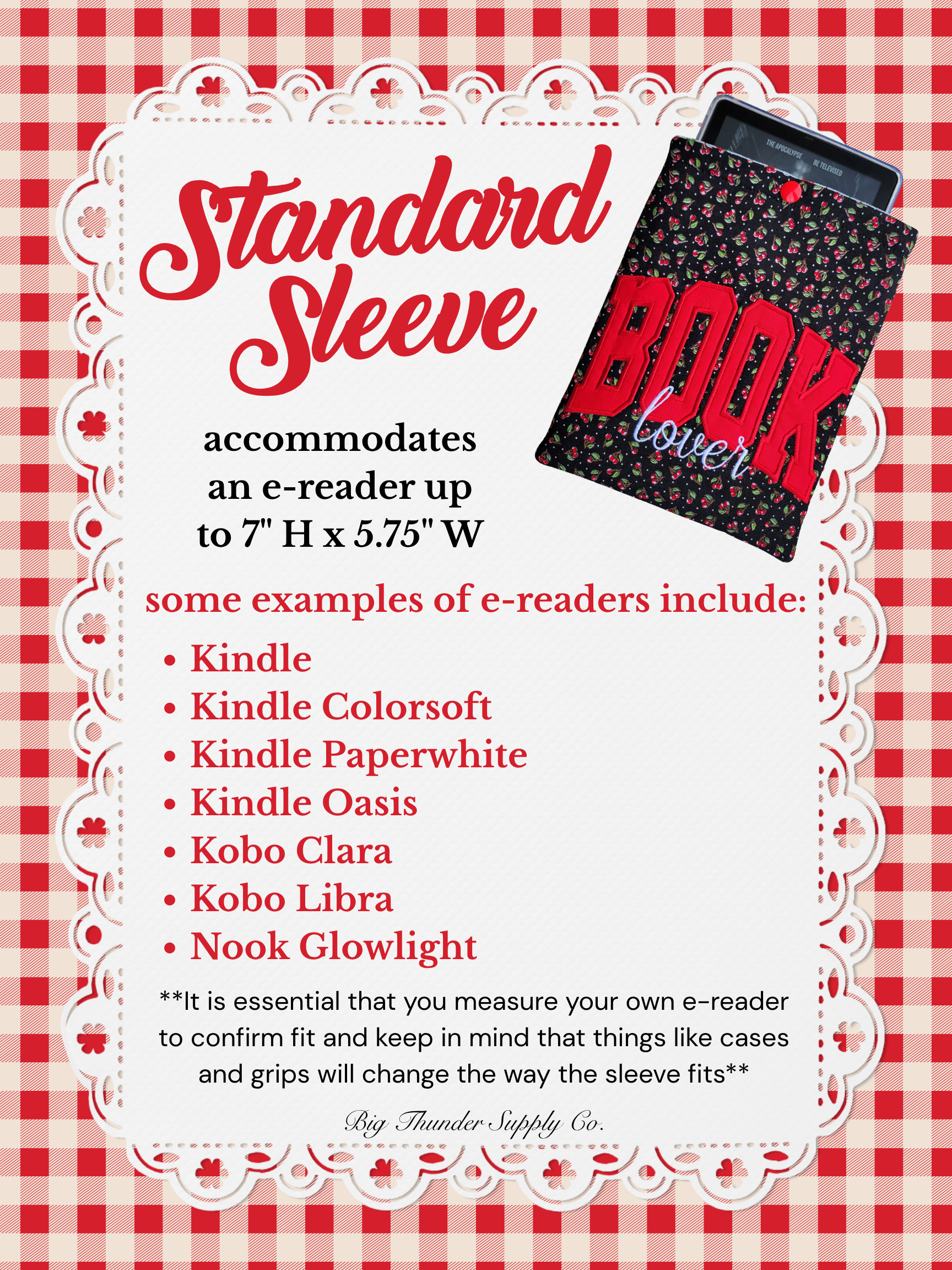 Checkered Emotional Support Kindle Sleeve with Snap *also in Kobo & Nook!* - E-Reader Cover